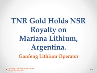 TNR Gold Holds NSR
Royalty on
Mariana Lithium,
Argentina.
Ganfeng Lithium Operator
131
Kirill Klip GEM Royalty TNR Gold
Li...