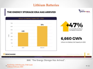Lithium Batteries
BMI: “The Energy Storage Has Arrived”.
Kirill Klip GEM Royalty TNR Gold
Lithium February 2023
183
 