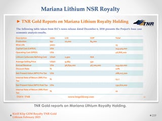 Mariana Lithium NSR Royalty
TNR Gold reports on Mariana Lithium Royalty Holding.
Kirill Klip GEM Royalty TNR Gold
Lithium ...