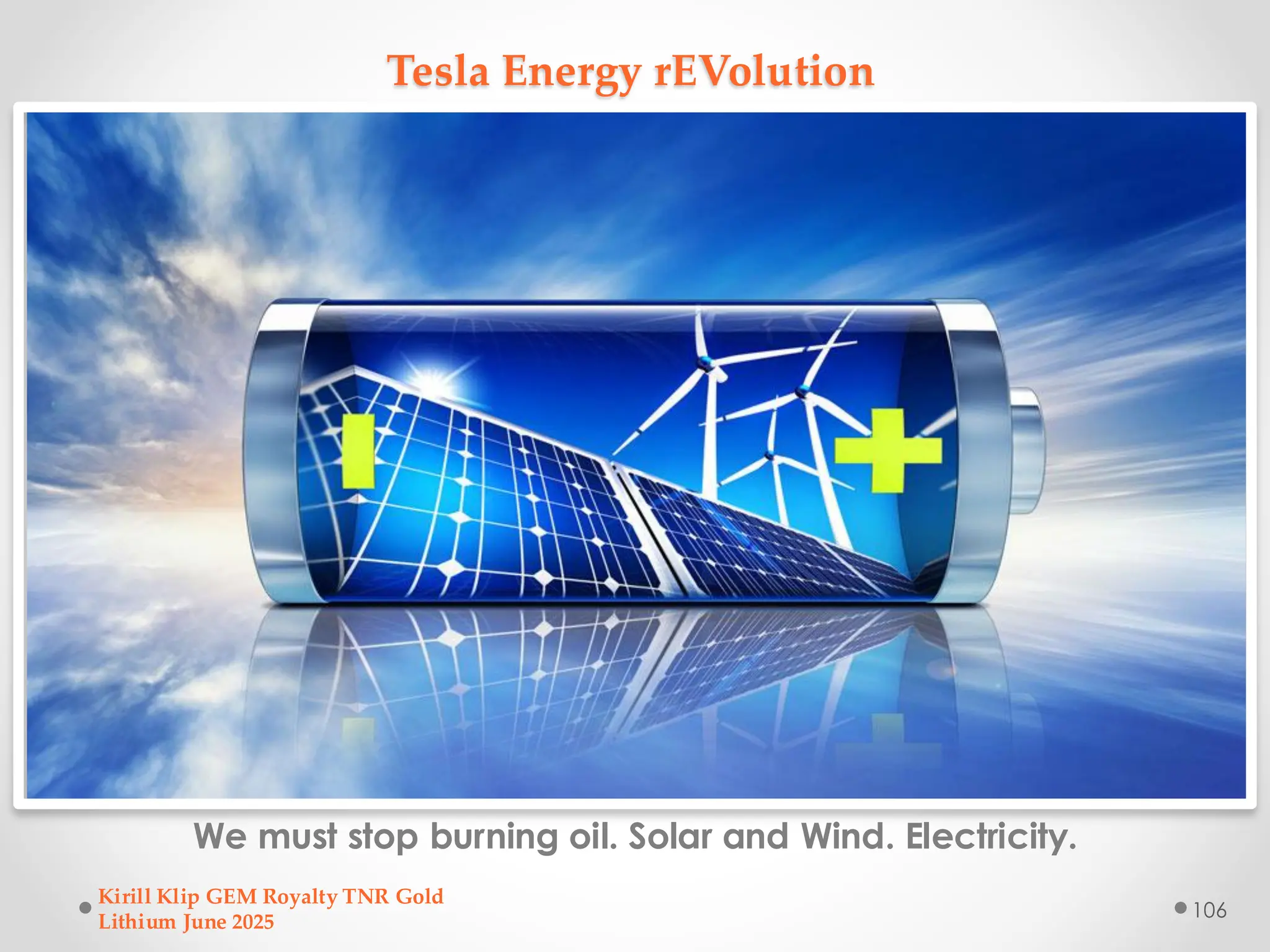 Tesla Energy rEVolution
We must stop burning oil. Solar and Wind. Electricity.
Kirill Klip GEM Royalty TNR Gold
Lithium June 2025
106
 
