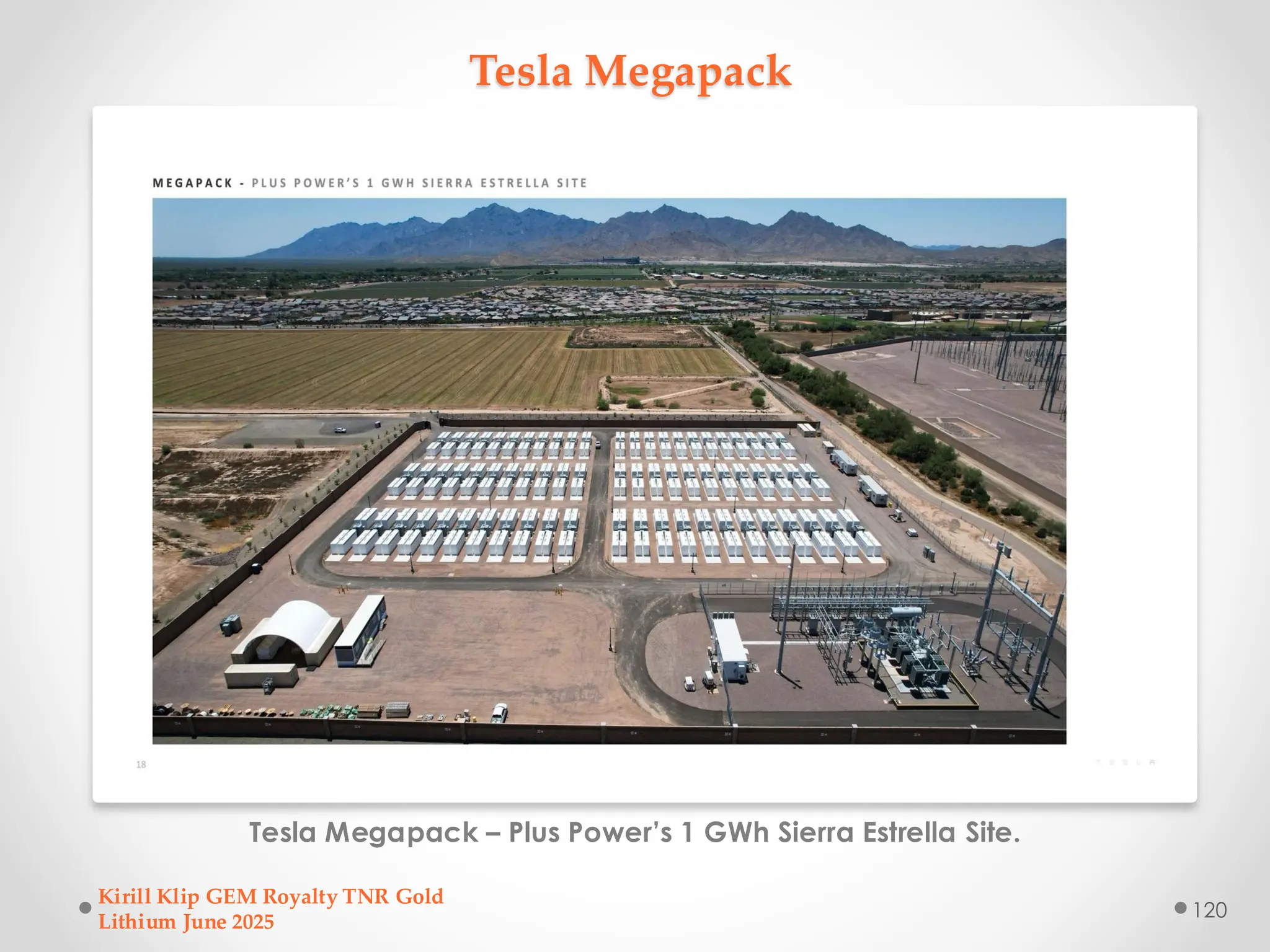 Tesla Megapack
Tesla Megapack – Plus Power’s 1 GWh Sierra Estrella Site.
Kirill Klip GEM Royalty TNR Gold
Lithium June 2025
120
 