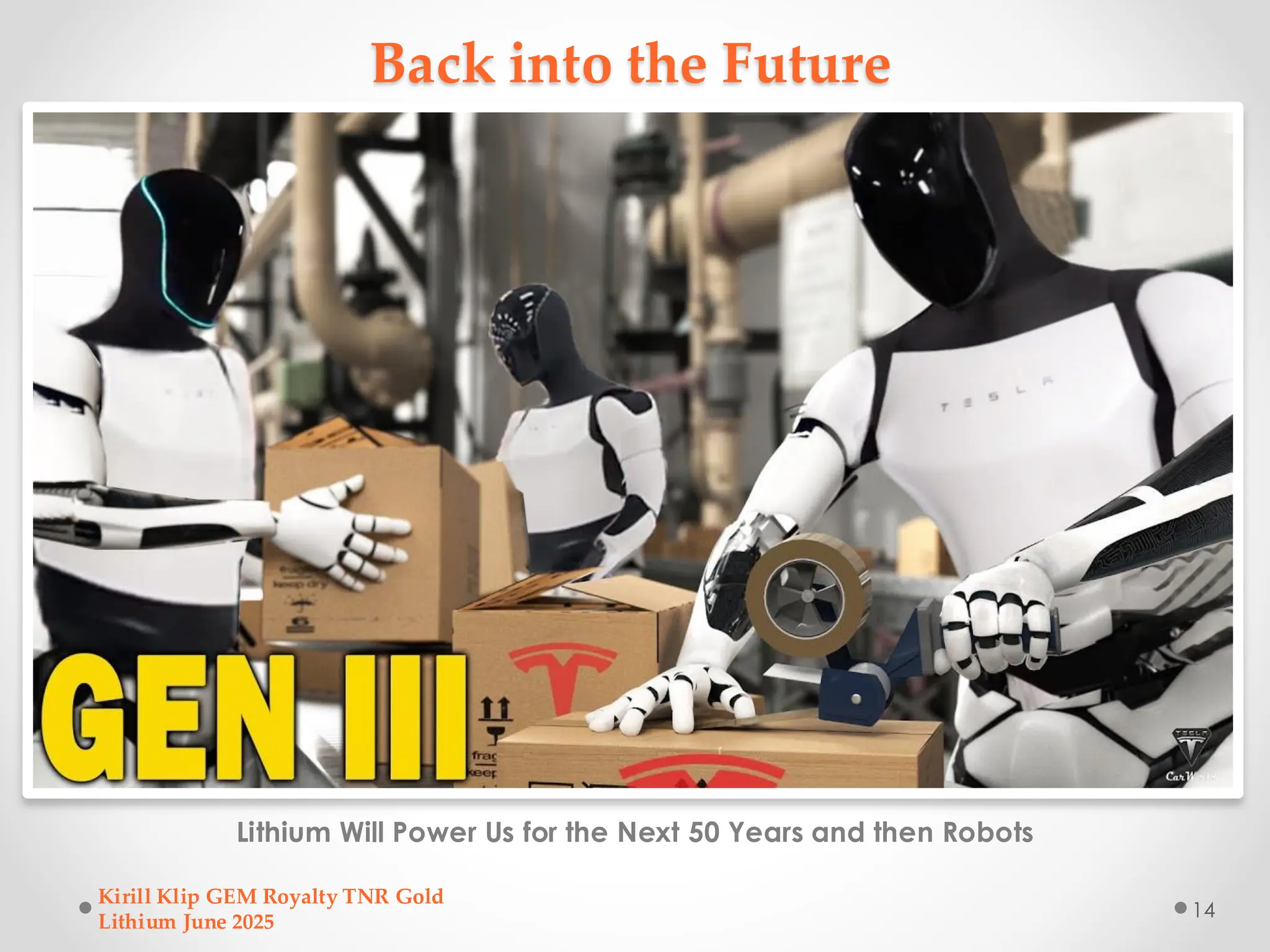 Back into the Future
Lithium Will Power Us for the Next 50 Years and then Robots
Kirill Klip GEM Royalty TNR Gold
Lithium June 2025
14
 