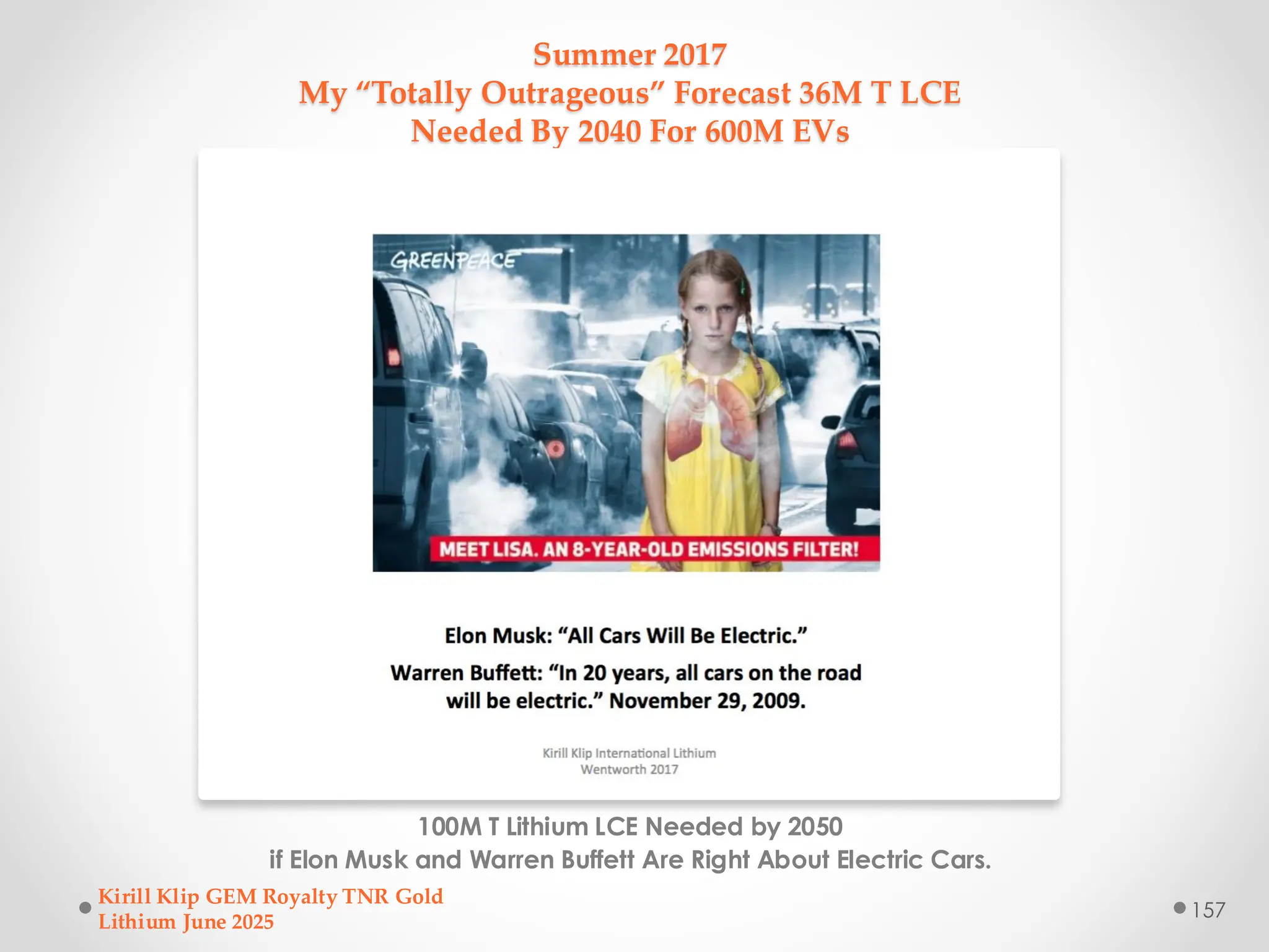 Summer 2017
My “Totally Outrageous” Forecast 36M T LCE
Needed By 2040 For 600M EVs
100M T Lithium LCE Needed by 2050
if Elon Musk and Warren Buffett Are Right About Electric Cars.
Kirill Klip GEM Royalty TNR Gold
Lithium June 2025
157
 