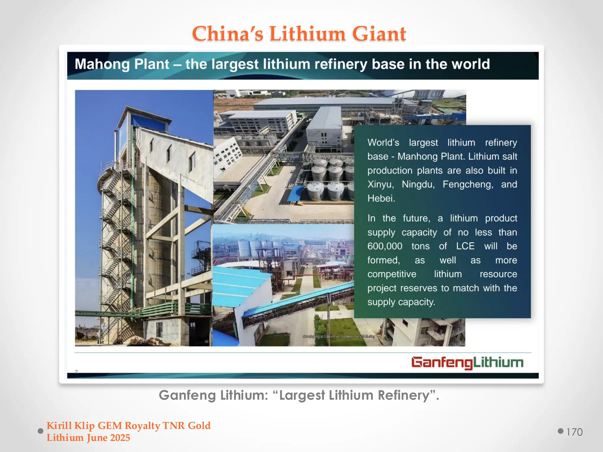 China’s Lithium Giant
Ganfeng Lithium: “Largest Lithium Refinery”.
Kirill Klip GEM Royalty TNR Gold
Lithium June 2025
170
 