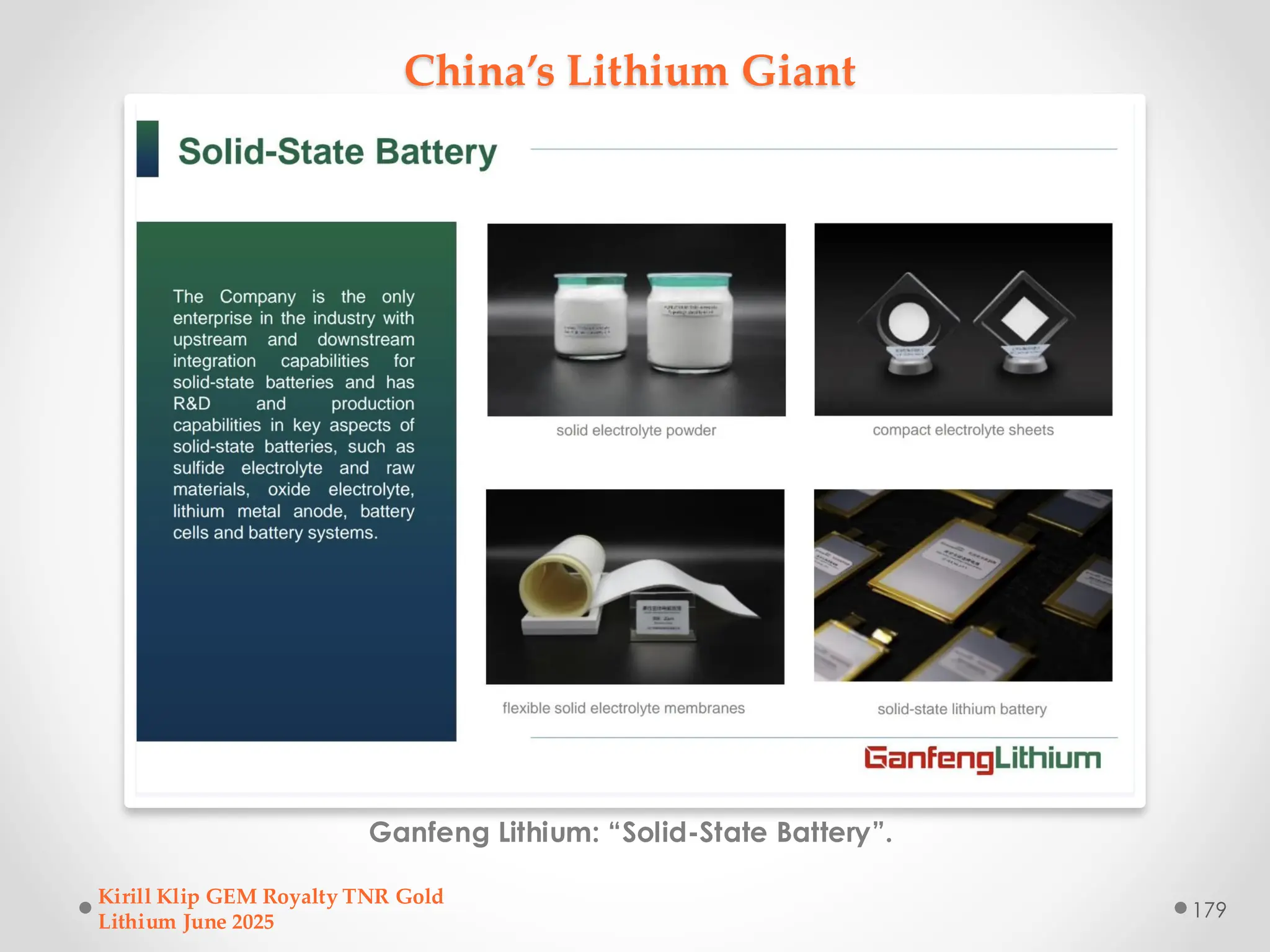 China’s Lithium Giant
Ganfeng Lithium: “Solid-State Battery”.
Kirill Klip GEM Royalty TNR Gold
Lithium June 2025
179
 