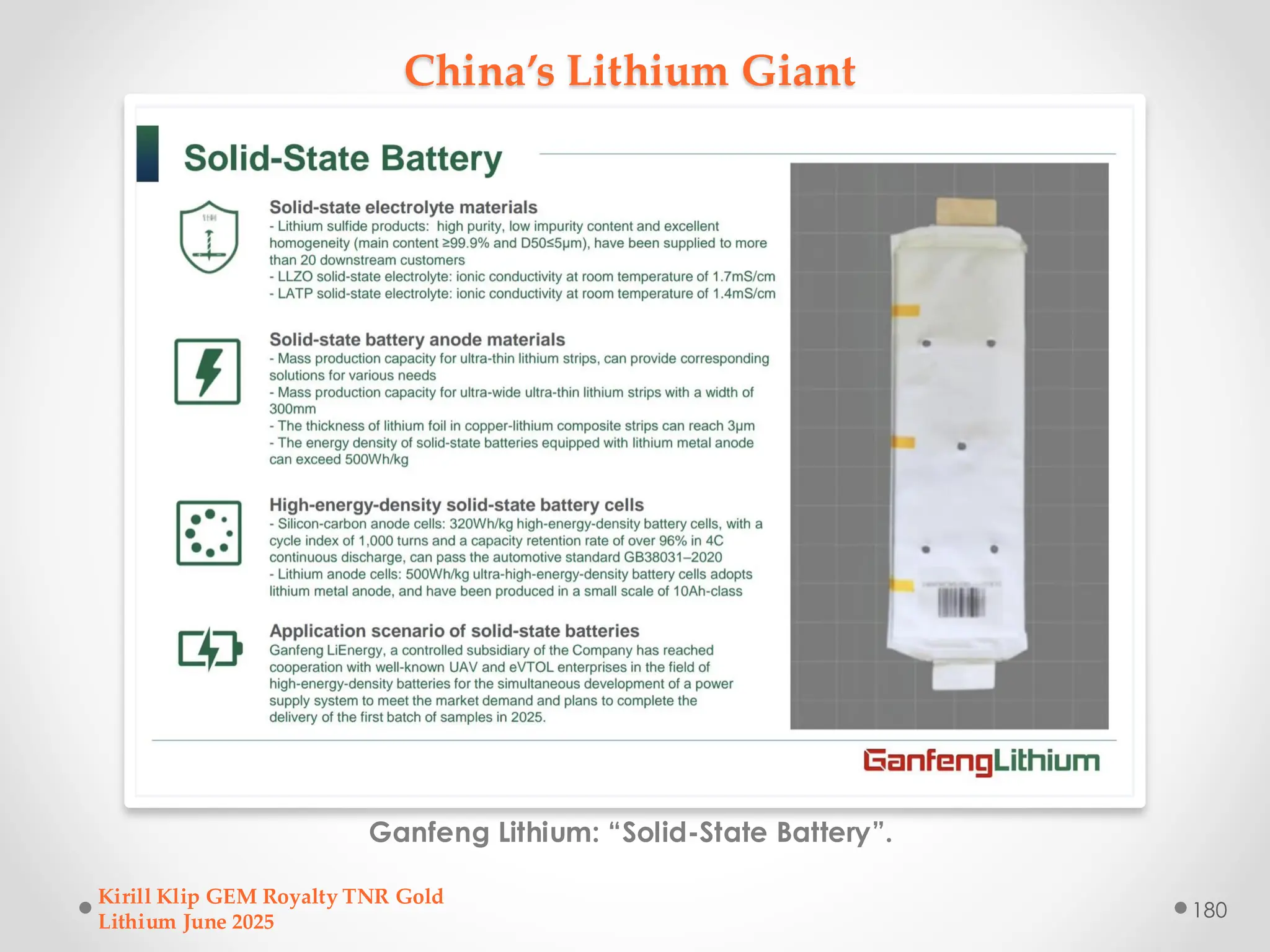 China’s Lithium Giant
Ganfeng Lithium: “Solid-State Battery”.
Kirill Klip GEM Royalty TNR Gold
Lithium June 2025
180
 