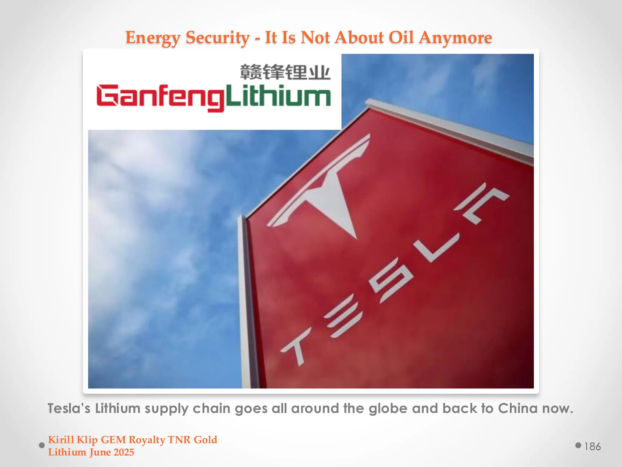 Energy Security - It Is Not About Oil Anymore
Tesla’s Lithium supply chain goes all around the globe and back to China now.
Kirill Klip GEM Royalty TNR Gold
Lithium June 2025
186
 