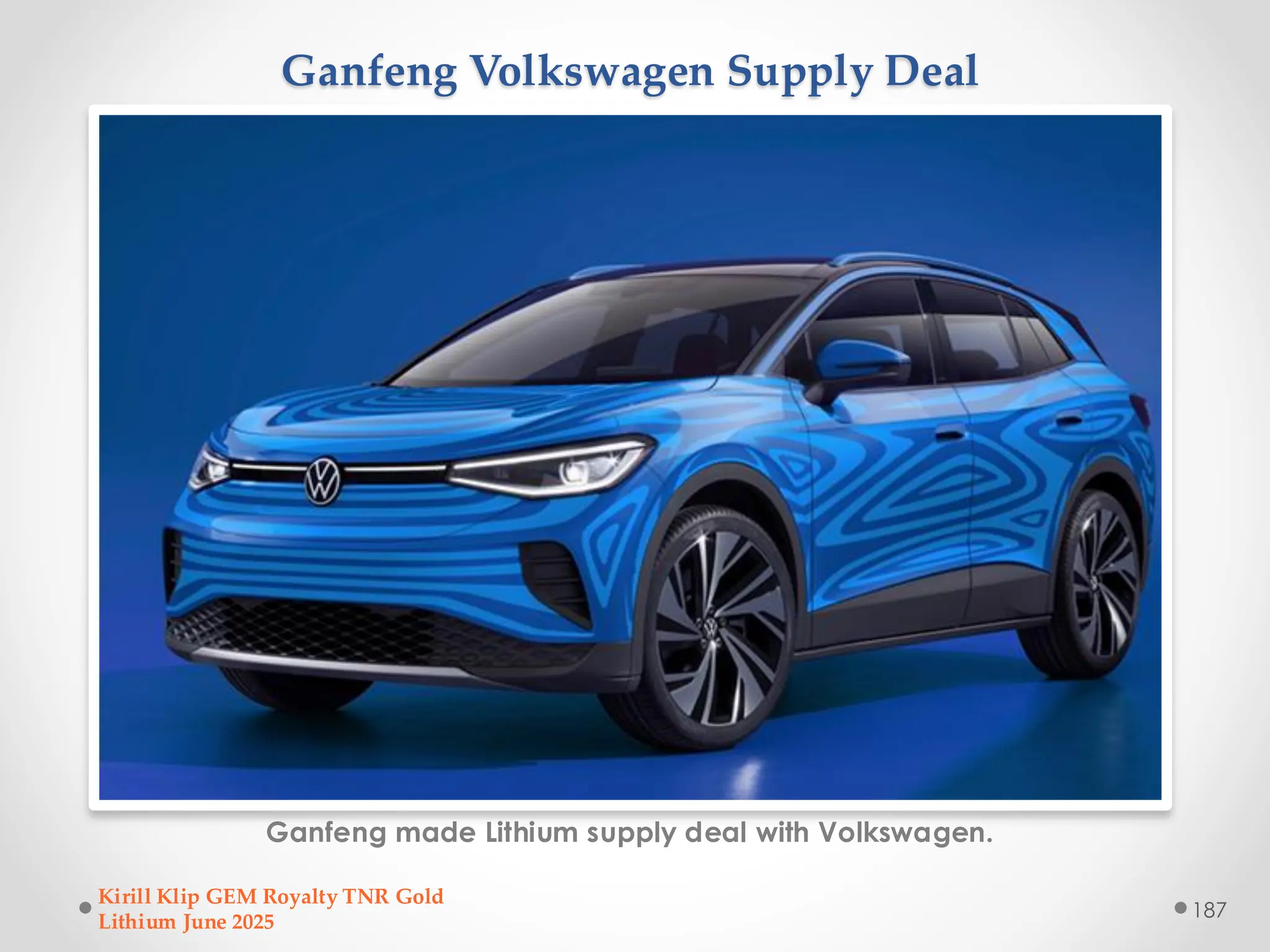 Ganfeng Volkswagen Supply Deal
Ganfeng made Lithium supply deal with Volkswagen.
Kirill Klip GEM Royalty TNR Gold
Lithium June 2025
187
 