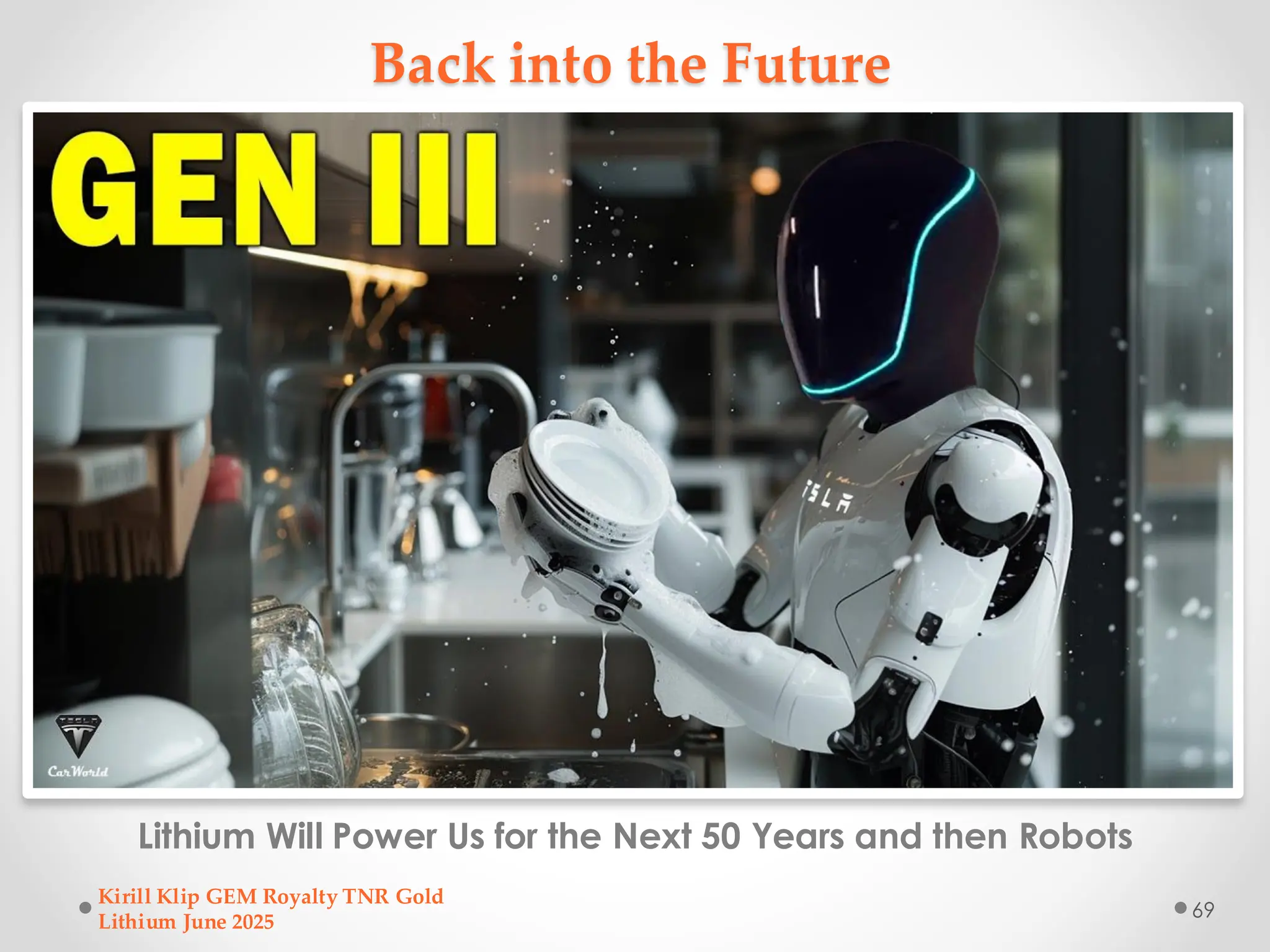 Back into the Future
Lithium Will Power Us for the Next 50 Years and then Robots
Kirill Klip GEM Royalty TNR Gold
Lithium June 2025
69
 