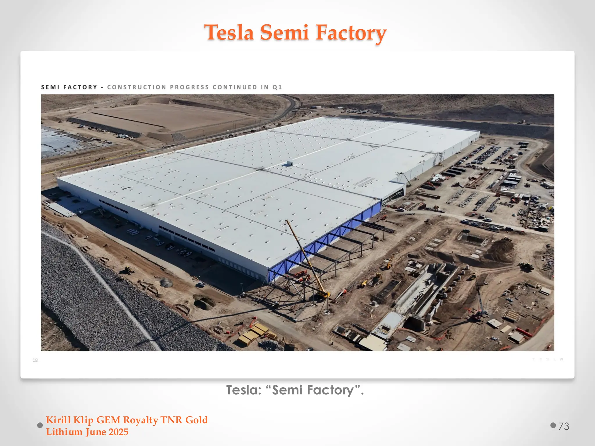 Tesla Semi Factory
Tesla: “Semi Factory”.
Kirill Klip GEM Royalty TNR Gold
Lithium June 2025
73
 