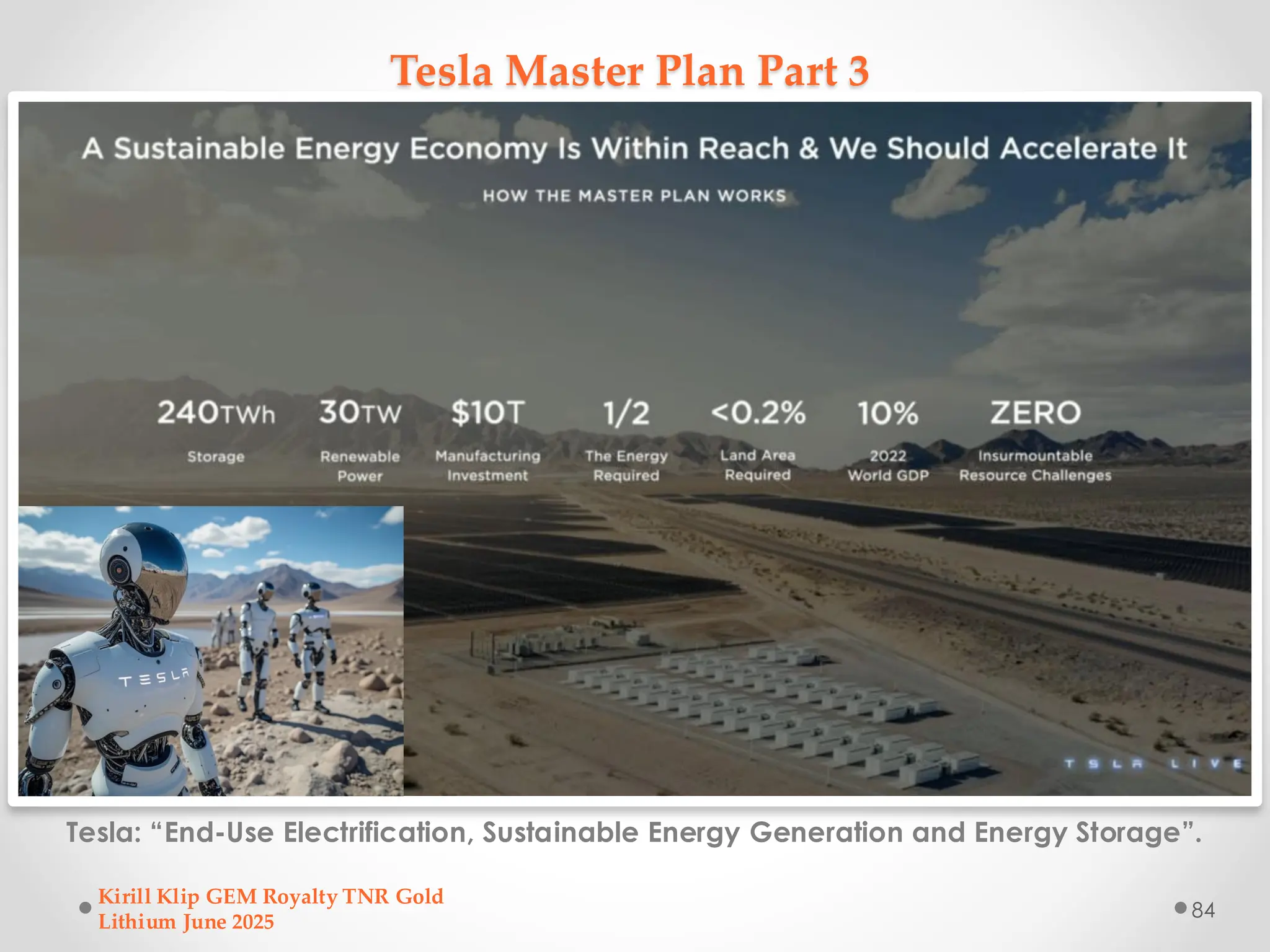 Tesla Master Plan Part 3
Tesla: “End-Use Electrification, Sustainable Energy Generation and Energy Storage”.
Kirill Klip GEM Royalty TNR Gold
Lithium June 2025
84
 