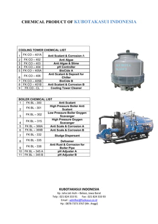 CHEMICAL PRODUCT
Telp : 021 824 333 91 Fax : 021 824 333 93
COOLING TOWER CHEMICAL LIST
1 FK CO – 401A Anti Scalant & Corrosion
2 FK CO – 402
3 FK CO – 403 Anti Algae & Slime
4 FK CO – 404
5 FK CO – 405A
6
FK CO – 406
Anti Scalant & Deposit for
7 FK CO – 405B
8 FK CO – 401B Anti Scalant & Corrosion B
9 FK CO - CL Cooling Tower Cleaner
BOILER CHEMICAL LIST
1 FK BL - 300
2
FK BL - 301
High Pressure Boiler Anti
3
FK BL – 302
Low Pressure Boiler Oxygen
4
FK BL – 315
High Pressure Oxygen
5 FK BL – 368A Anti Scale & Corrosion A
6 FK BL – 369B Anti Scale & Corrosion B
7 FK BL - 332 Sludge Dispersant
8 FK BL - 335
9
FK BL - 338
Anti Rust & Corrosion for
10 FK BL – 345 A
11 FK BL – 345 B
CHEMICAL PRODUCT OF KUBOTAKASUI INDONESIA
KUBOTAKASUI INDONESIA
Kp. Jaha Jati Asih – Bekasi, Jawa Barat
Telp : 021 824 333 91 Fax : 021 824 333 93
Email : admfkei@fujikasui.co.id
Hp : 0878 7373 3767 (Mr. Anggi)
COOLING TOWER CHEMICAL LIST
Anti Scalant & Corrosion A
Anti Algae
Anti Algae & Slime
pH Controller
BioCide A
Anti Scalant & Deposit for
Chiller
BioCide B
Anti Scalant & Corrosion B
Cooling Tower Cleaner
Anti Scalant
High Pressure Boiler Anti
Scalant
Low Pressure Boiler Oxygen
Scavanger
High Pressure Oxygen
Scavanger
Anti Scale & Corrosion A
Anti Scale & Corrosion B
Sludge Dispersant
Defoamer
Anti Rust & Corrosion for
Boiler Pipe
pH Adjuster A
pH Adjuster B
KUBOTAKASUI INDONESIA
 