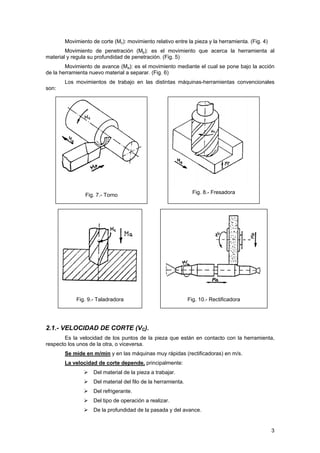Movimiento de corte (Mc): movimiento relativo entre la pieza y la herramienta. (Fig. 4)
Movimiento de penetración (Mp): es el movimiento que acerca la herramienta al
material y regula su profundidad de penetración. (Fig. 5)
Movimiento de avance (Ma): es el movimiento mediante el cual se pone bajo la acción
de la herramienta nuevo material a separar. (Fig. 6)
Los movimientos de trabajo en las distintas máquinas-herramientas convencionales
son:
Fig. 7.- Torno
Fig. 8.- Fresadora
Fig. 9.- Taladradora Fig. 10.- Rectificadora
2.1.- VELOCIDAD DE CORTE (VC).
Es la velocidad de los puntos de la pieza que están en contacto con la herramienta,
respecto los unos de la otra, o viceversa.
Se mide en m/min y en las máquinas muy rápidas (rectificadoras) en m/s.
La velocidad de corte depende, principalmente:
Del material de la pieza a trabajar.
Del material del filo de la herramienta.
Del refrigerante.
Del tipo de operación a realizar.
De la profundidad de la pasada y del avance.
3
 