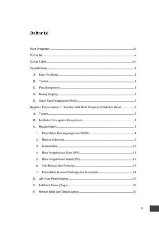 v
Daftar Isi
Kata Pengantar.........................................................................................................................................iii
Daftar Isi........................................................................................................................................................v
Daftar Tabel..............................................................................................................................................vii
Pendahuluan............................................................................................................................................... 1
A. Latar Belakang ............................................................................................................................ 1
B. Tujuan............................................................................................................................................. 1
C. Peta Kompetensi ........................................................................................................................ 1
D. Ruang Lingkup ............................................................................................................................ 2
E. Saran Cara Penggunaan Modul ............................................................................................ 2
Kegiatan Pembelajaran 1 : Karakteristik Mata Pelajaran di Sekolah Dasar..................... 3
A. Tujuan............................................................................................................................................. 3
B. Indikator Pencapaian Kompetensi ..................................................................................... 3
C. Uraian Materi............................................................................................................................... 3
1. Pendidikan Kewarganegaraan SD/MI.......................................................................... 4
2. Bahasa Indonesia .................................................................................................................. 6
3. Matematika............................................................................................................................10
4. Ilmu Pengetahuan Alam (IPA).......................................................................................13
5. Ilmu Pengetahuan Sosial (IPS) ......................................................................................16
6. Seni Budaya dan Prakarya...............................................................................................19
7. Pendidikan Jasmani Olahraga dan Kesehatan.........................................................24
D. Aktivitas Pembelajaran .........................................................................................................30
E. Latihan/ Kasus /Tugas..........................................................................................................30
F. Umpan Balik dan Tindak Lanjut ........................................................................................30
 