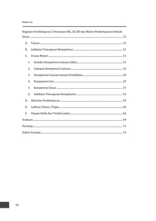 Daftar Isi
vi
Kegiatan Pembelajaran 2 Pemetaan SKL, KI, KD dan Materi Pembelajaran Sekolah
Dasar........................................................................................................................................................... 31
A. Tujuan.......................................................................................................................................... 31
B. Indikator Pencapaian Kompetensi................................................................................... 31
C. Uraian Materi............................................................................................................................ 31
1. Standar Kompetensi Lulusan (SKL)............................................................................ 31
2. Cakupan Kompetensi Lulusan....................................................................................... 32
3. Kompetensi Lulusan Satuan Pendidikan.................................................................. 34
4. Kompetensi Inti................................................................................................................... 35
5. Kompetensi Dasar.............................................................................................................. 37
6. Indikator Pencapaian Kompetensi.............................................................................. 52
D. Aktivitas Pembelajaran......................................................................................................... 55
E. Latihan/ Kasus /Tugas.......................................................................................................... 66
F. Umpan Balik dan Tindak Lanjut........................................................................................ 66
Evaluasi...................................................................................................................................................... 69
Penutup...................................................................................................................................................... 71
Daftar Pustaka......................................................................................................................................... 73
 
