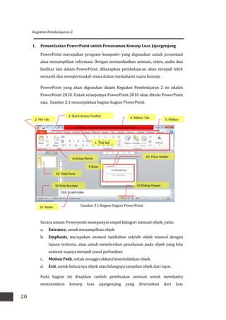 Kegiatan Pembelajaran 2
20
Gambar 2.1 Bagian-bagian PowerPoint
2. File Tab
4. Ribbon Tab
5. Ribbon
3. Quick Access Toolbar
6.Group Name
10. Slide Pane
10.Slide Number
10. Place Holder
10.Sliding Viewer
10. Notes
1. Title Bar
9.Ruler
1. Pemanfaatan PowerPoint untuk Penanaman Konsep Luas Jajargenjang
PowerPoint merupakan program komputer yang digunakan untuk presentasi
atau menampilkan informasi. Dengan memanfaatkan animasi, video, audio dan
fasilitas lain dalam PowerPoint, diharapkan pembelajaran akan menjadi lebih
menarik dan mempermudah siswa dalam memahami suatu konsep.
PowerPoint yang akan digunakan dalam Kegiatan Pembelajaran 2 ini adalah
PowerPoint 2010. Untuk selanjutnya PowerPoint 2010 akan ditulis PowerPoint
saja. Gambar 2.1 menunjukkan bagian-bagian PowerPoint.
Secara umum Powerpoint mempunyai empat kategori animasi objek, yaitu:
a. Entrance, untuk menampilkan objek
b. Emphasis, merupakan animasi tambahan setelah objek muncul dengan
tujuan tertentu, atau untuk memberikan penekanan pada objek yang kita
animasi supaya menjadi pusat perhatikan
c. Motion Path, untuk menggerakkan/memindahkan objek.
d. Exit, untuk keluarnya objek atau hilangnya tampilan objek dari layar.
Pada bagian ini disajikan contoh pembuatan animasi untuk membantu
menanamkan konsep luas jajargenjang yang diturunkan dari luas
 