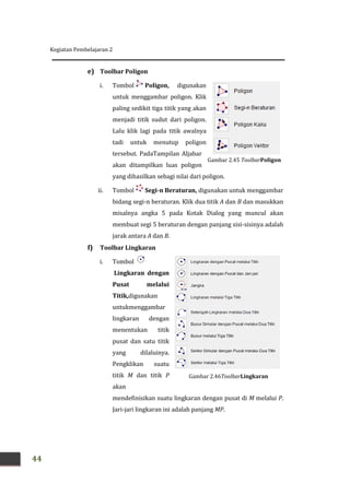 Kegiatan Pembelajaran 2
44
Gambar 2.45 ToolbarPoligon
e) Toolbar Poligon
i. Tombol Poligon, digunakan
untuk menggambar poligon. Klik
paling sedikit tiga titik yang akan
menjadi titik sudut dari poligon.
Lalu klik lagi pada titik awalnya
tadi untuk menutup poligon
tersebut. PadaTampilan Aljabar
akan ditampilkan luas poligon
yang dihasilkan sebagi nilai dari poligon.
ii. Tombol Segi-n Beraturan, digunakan untuk menggambar
bidang segi-n beraturan. Klik dua titik A dan B dan masukkan
misalnya angka 5 pada Kotak Dialog yang muncul akan
membuat segi 5 beraturan dengan panjang sisi-sisinya adalah
jarak antara A dan B.
f) Toolbar Lingkaran
i. Tombol
Lingkaran dengan
Pusat melalui
Titik,digunakan
untukmenggambar
lingkaran dengan
menentukan titik
pusat dan satu titik
yang dilaluinya.
Pengklikan suatu
titik M dan titik P
akan
mendefinisikan suatu lingkaran dengan pusat di M melalui P.
Jari-jari lingkaran ini adalah panjang MP.
Gambar 2.46ToolbarLingkaran
 