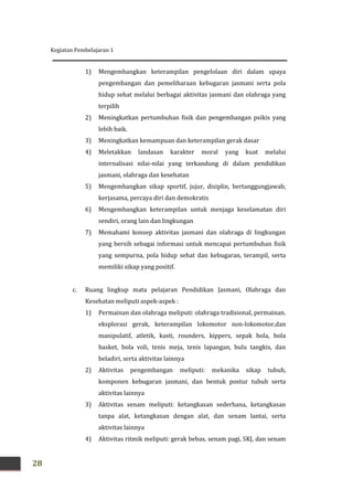 Kegiatan Pembelajaran 1
28
1) Mengembangkan keterampilan pengelolaan diri dalam upaya
pengembangan dan pemeliharaan kebugaran jasmani serta pola
hidup sehat melalui berbagai aktivitas jasmani dan olahraga yang
terpilih
2) Meningkatkan pertumbuhan fisik dan pengembangan psikis yang
lebih baik.
3) Meningkatkan kemampuan dan keterampilan gerak dasar
4) Meletakkan landasan karakter moral yang kuat melalui
internalisasi nilai-nilai yang terkandung di dalam pendidikan
jasmani, olahraga dan kesehatan
5) Mengembangkan sikap sportif, jujur, disiplin, bertanggungjawab,
kerjasama, percaya diri dan demokratis
6) Mengembangkan keterampilan untuk menjaga keselamatan diri
sendiri, orang lain dan lingkungan
7) Memahami konsep aktivitas jasmani dan olahraga di lingkungan
yang bersih sebagai informasi untuk mencapai pertumbuhan fisik
yang sempurna, pola hidup sehat dan kebugaran, terampil, serta
memiliki sikap yang positif.
c. Ruang lingkup mata pelajaran Pendidikan Jasmani, Olahraga dan
Kesehatan meliputi aspek-aspek :
1) Permainan dan olahraga meliputi: olahraga tradisional, permainan.
eksplorasi gerak, keterampilan lokomotor non-lokomotor,dan
manipulatif, atletik, kasti, rounders, kippers, sepak bola, bola
basket, bola voli, tenis meja, tenis lapangan, bulu tangkis, dan
beladiri, serta aktivitas lainnya
2) Aktivitas pengembangan meliputi: mekanika sikap tubuh,
komponen kebugaran jasmani, dan bentuk postur tubuh serta
aktivitas lainnya
3) Aktivitas senam meliputi: ketangkasan sederhana, ketangkasan
tanpa alat, ketangkasan dengan alat, dan senam lantai, serta
aktivitas lainnya
4) Aktivitas ritmik meliputi: gerak bebas, senam pagi, SKJ, dan senam
 