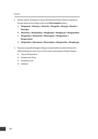Evaluasi
70
4. Berikut adalah Kompetensi Lulusan Berdasarkan Elemen-Elemen yang Harus
Dicapai dalam proses Belajar pada ranah Keterampilan adalah ...
A. Mengamati + Menanya + Mencoba + Mengolah + Menyaji + Menalar +
Mencipta
B. Menerima + Menjalankan + Menghargai + Menghayati + Mengamalkan
C. Mengetahui + Memahami + Menerapkan + Menganalisis +
Mengevaluasi
D. Mengetahui + Memahami + Menerapkan + Menganalisis + Menghargai
5. Rumusan yang dikembangkan dengan memperhatikan karakteristik peserta
didik, kemampuan awal, serta ciri dari suatu mata pelajaran disebut dengan...
A. Tujuan Pembelajaran
B. Kompetensui Dasar
C. Kompetensi inti
D. Indikator
 