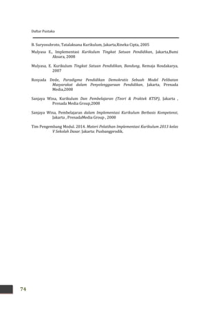 Daftar Pustaka
74
B. Suryosubroto, Tatalaksana Kurikulum, Jakarta,Rineka Cipta, 2005
Mulyasa E., Implementasi Kurikulum Tingkat Satuan Pendidikan, Jakarta,Bumi
Aksara, 2008
Mulyasa, E. Kurikulum Tingkat Satuan Pendidikan, Bandung, Remaja Rosdakarya,
2007
Rosyada Dede, Paradigma Pendidikan Demokratis Sebuah Model Pelibatan
Masyarakat dalam Penyelenggaraan Pendidikan, Jakarta, Prenada
Media,2008
Sanjaya Wina, Kurikulum Dan Pembelajaran (Teori & Praktek KTSP), Jakarta ,
Prenada Media Group,2008
Sanjaya Wina, Pembelajaran dalam Implementasi Kurikulum Berbasis Kompetensi,
Jakarta , PrenadaMedia Group , 2008
Tim Pengembang Modul. 2014. Materi Pelatihan Implementasi Kurikulum 2013 kelas
V Sekolah Dasar. Jakarta: Pusbangprodik.
 
