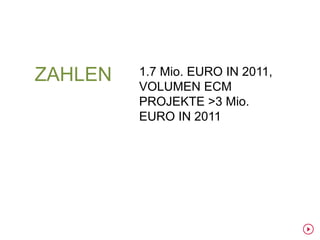 ZAHLEN   1.7 Mio. EURO IN 2011,
         VOLUMEN ECM
         PROJEKTE >3 Mio.
         EURO IN 2011
 