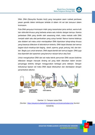 LISTRIK untuk SMP
KEGIATAN PEMBELAJARAN: BIOTEKNOLOGI MODERN
KELOMPOK KOMPETENSI J
Modul Guru Pembelajar
Mata Pelajaran Biologi SMA
13
DNA. DNA (Deoxyribo Nucleic Acid) yang merupakan asam nukleat pembawa
pesan genetik dalam kehidupan terletak di dalam inti sel dan tersusun dalam
kromosom.
Pola DNA penyusun kromosom inilah yang menentukan jenis rambut, warna kulit
dan sifat-sifat khusus yang berbeda antara satu individu dengan lainnya. Karena
perbedaan DNA yang dimiliki oleh seseorang inilah, maka metode sidik DNA
menjadi salah satu alat pembuktian yang cukup handal. Namun karena letaknya
ada didalam sel maka untuk mendapatkan DNA diperlukan tahap-tahap khusus
yang biasanya dilakukan di laboratorium tertentu. DNA dapat diisolasi dari semua
bagian tubuh misalnya dari daging, darah, sperma, ginjal, jantung, hati, dan lain-
lain. Begitu pun untuk tanaman, DNA dapat diambil dari semua bagian. DNA juga
bisa diperoleh dari spesimen yang berumur ratusan tahun atau fosil.
Untuk mengeluarkan DNA dari sel maka teknik pemurnian DNA secara biokimia
dilakukan dengan merusak dinding sel yang telah dilarutkan dalam larutan
penyangga tertentu dengan menggunakan berbagai jenis deterjen. Dengan
terbukanya lapisan sel maka DNA dapat dikeluarkan dan diendapkan dengan
penambahan alkohol.
Gambar 1.3. Tahapan isolasi DNA
(Sumber : https://aisyatunnurlaelyshare.wordpress.com/science/isolasi-dna/ diunduh
12/3/2016)
 
