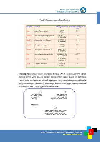 LISTRIK untuk SMP
KEGIATAN PEMBELAJARAN: BIOTEKNOLOGI MODERN
KELOMPOK KOMPETENSI J
Modul Guru Pembelajar
Mata Pelajaran Biologi SMA
15
Tabel 1.2 Macam-macam Enzim Retriksi
Proses penggabungan (ligasi) antara dua molekul DNA menggunakan lem/perekat
berupa enzim, yang dikenal dengan nama enzim ligase. Enzim ini berfungsi
mensintesis pembentukan ikatan fosfodiester yang menghubungkan nukleotida
yang satu dengan nukleotida di sebelahnya. Berikut adalah contoh penggabungan
dua molekul DNA (A dan B) menjadi molekul AB:
(A) (B)
ATATGTGTG CCGTACGT
TATAC ACACGGCATGCA
Menjadi :
(AB)
ATATGTGTGCCGTACGT
TATACACACGGCATGCA
 