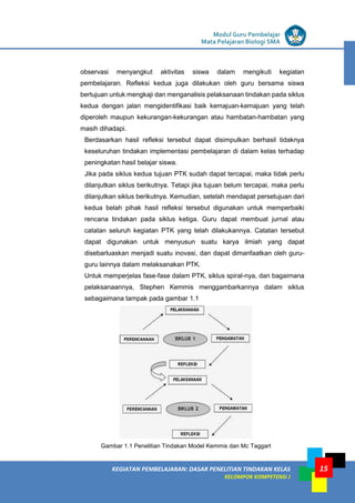 LISTRIK untuk SMP
KEGIATAN PEMBELAJARAN: DASAR PENELITIAN TINDAKAN KELAS
KELOMPOK KOMPETENSI J
Modul Guru Pembelajar
Mata Pelajaran Biologi SMA
15
observasi menyangkut aktivitas siswa dalam mengikuti kegiatan
pembelajaran. Refleksi kedua juga dilakukan oleh guru bersama siswa
bertujuan untuk mengkaji dan menganalisis pelaksanaan tindakan pada siklus
kedua dengan jalan mengidentifikasi baik kemajuan-kemajuan yang telah
diperoleh maupun kekurangan-kekurangan atau hambatan-hambatan yang
masih dihadapi.
Berdasarkan hasil refleksi tersebut dapat disimpulkan berhasil tidaknya
keseluruhan tindakan implementasi pembelajaran di dalam kelas terhadap
peningkatan hasil belajar siswa.
Jika pada siklus kedua tujuan PTK sudah dapat tercapai, maka tidak perlu
dilanjutkan siklus berikutnya. Tetapi jika tujuan belum tercapai, maka perlu
dilanjutkan siklus berikutnya. Kemudian, setelah mendapat persetujuan dari
kedua belah pihak hasil refleksi tersebut digunakan untuk memperbaiki
rencana tindakan pada siklus ketiga. Guru dapat membuat jurnal atau
catatan seluruh kegiatan PTK yang telah dilakukannya. Catatan tersebut
dapat digunakan untuk menyusun suatu karya ilmiah yang dapat
disebarluaskan menjadi suatu inovasi, dan dapat dimanfaatkan oleh guru-
guru lainnya dalam melaksanakan PTK.
Untuk memperjelas fase-fase dalam PTK, siklus spiral-nya, dan bagaimana
pelaksanaannya, Stephen Kemmis menggambarkannya dalam siklus
sebagaimana tampak pada gambar 1.1
Gambar 1.1 Penelitian Tindakan Model Kemmis dan Mc Taggart
 