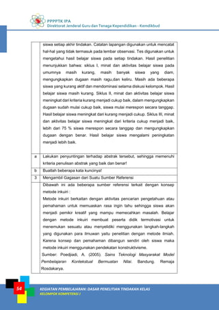 PPPPTK IPA
Direktorat Jenderal Guru dan Tenaga Kependidikan - Kemdikbud
KEGIATAN PEMBELAJARAN: DASAR PENELITIAN TINDAKAN KELAS
KELOMPOK KOMPETENSI J
54
siswa setiap akhir tindakan. Catatan lapangan digunakan untuk mencatat
hal-hal yang tidak termasuk pada lembar observasi. Tes digunakan untuk
mengetahui hasil belajar siswa pada setiap tindakan. Hasil penelitian
menunjukkan bahwa: siklus I, minat dan aktivitas belajar siswa pada
umumnya masih kurang, masih banyak siswa yang diam,
mengungkapkan dugaan masih ragu,dan keliru. Masih ada beberapa
siswa yang kurang aktif dan mendominasi selama diskusi kelompok. Hasil
belajar siswa masih kurang. Siklus II, minat dan aktivitas belajar siswa
meningkat dari kriteria kurang menjadi cukup baik, dalam mengungkapkan
dugaan sudah mulai cukup baik, siswa mulai merespon secara tanggap.
Hasil belajar siswa meningkat dari kurang menjadi cukup. Siklus III, minat
dan aktivitas belajar siswa meningkat dari kriteria cukup menjadi baik,
lebih dari 75 % siswa merespon secara tanggap dan mengungkapkan
dugaan dengan benar. Hasil belajar siswa mengalami peningkatan
menjadi lebih baik.
a Lakukan penyuntingan terhadap abstrak tersebut, sehingga memenuhi
kriteria penulisan abstrak yang baik dan benar!
b Buatlah beberapa kata kuncinya!
3 Mengambil Gagasan dari Suatu Sumber Referensi
Dibawah ini ada beberapa sumber referensi terkait dengan konsep
metode inkuiri :
Metode inkuiri berkaitan dengan aktivitas pencarian pengetahuan atau
pemahaman untuk memuaskan rasa ingin tahu sehingga siswa akan
menjadi pemikir kreatif yang mampu memecahkan masalah. Belajar
dengan metode inkuiri membuat peserta didik termotivasi untuk
menemukan sesuatu atau menyelidiki menggunakan langkah-langkah
yang digunakan para ilmuwan yaitu penelitian dengan metode ilmiah.
Karena konsep dan pemahaman dibangun sendiri oleh siswa maka
metode inkuiri menggunakan pendekatan konstruktivisme.
Sumber: Poedjiadi, A. (2005). Sains Teknologi Masyarakat Model
Pembelajaran Kontekstual Bermuatan Nilai. Bandung. Remaja
Rosdakarya.
 
