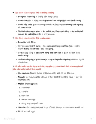 Đặc điểm của động tác Thở ra thông thường
Động tác thụ động → không cần năng lượng.
Cơ hoành giãn → nâng lên → giảm thể tích lồng ngực theo chiều đứng.
Cơ hô hấp khác giãn → xương sườn hạ xuống → giảm đường kính ngang
và trước – sau.
Thể tích lồng ngực giảm → áp suất trong lồng ngực tăng → áp suất phế
nang > áp suất khí quyển → khí ra ngoài.
Đặc điểm của động tác Thở ra gắng sức
Động tác chủ động.
Huy động cơ thành bụng → kéo xương sườn xuống thấp hơn → giảm
mạnh đường kính trước – sau và ngang.
Cơ bụng ép tạng → cơ hoành nâng cao hơn nữa → giảm thể tích theo
chiều đứng.
Thể tích lồng ngực giảm liên tục → áp suất phế nang tăng → khí ra ngoài
nhanh hơn.
Hô hấp nhân tạo áp dụng khi nào, nguyên lý, yêu cầu và 1 số phương pháp (
Nêu các bước hà hơi thổi ngạt )
Khi áp dụng: Ngưng thở do chết đuối, điện giật, hít khí độc, v.v.
Nguyên lý: Tạo động tác hô hấp → thay đổi thể tích lồng ngực → duy trì
lưu thông khí.
Một số phương pháp:
1. Sylvester
2. Schafer
3. Đòn cân
4. Hà hơi thổi ngạt
5. Dùng máy thở/phổi thép
Yêu cầu: Khí trong phổi phải được đổi mới liên tục → đảm bảo trao đổi khí.
PP hà hơi thổi ngạt
Sinh Lý Hô Hấp anki 15
 