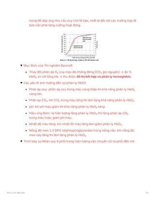 trọng để đáp ứng nhu cầu oxy cho tế bào, nhất là đối với các trường hợp tế
bào cần phải tăng cường hoạt động.
Mục Đích của Thí nghiệm Barcroft
Thay đổi phân áp O₂ của máu đã chống đông (CO₂ giữ nguyên) → đo %
HbO₂ so với tổng Hb → thu được đồ thị kết hợp và phân ly hemoglobin.
Các yếu tố ảnh hưởng đến sự phân ly HbO2
Phân áp oxy: phân áp oxy trong máu càng thấp thì khả năng phân ly HbO₂
càng lớn.
Phân áp CO₂: khi CO₂ trong máu tăng thì làm tăng khả năng phân ly HbO₂.
pH: khi pH máu giảm thì khả năng phân ly HbO₂ tăng.
Hiệu ứng Bohr: là hiện tượng tăng phân ly HbO₂ khi tăng phân áp CO₂
trong máu hoặc giảm pH máu.
Nhiệt độ máu tăng: khi nhiệt độ máu tăng làm giảm phân ly HbO₂.
Nồng độ men 2.3 DPG (diphosphoglycerate) trong hồng cầu: khi nồng độ
men này tăng thì làm tăng phân ly HbO₂.
Trình bày sự Nhận oxy ở phổi trong hiện tượng vận chuyển o2 từ phổi đến mô
Sinh Lý Hô Hấp anki 23
 
