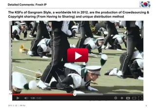Detailed Comments: Fresh IP

The KSFs of Gangnam Style, a worldwide hit in 2012, are the production of Crowdsourcing &
Copyright sharing (From Having to Sharing) and unique distribution method




 • Horse dance through a process of crowd sourcing   • Parody of an explosive increase
                                                      - Obama Style (U.S.), Brazil Style (Brazil),
                                                        Prison Style (Philippines)

2013. 2. 22. | KK Ko                                                                                 9
 