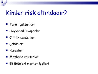 Kimler risk altındadır? T arım çalışanları  H ayvancılık  yapanlar  Ç iftlik çalışanları Ç obanlar K asaplar M ezbaha çalışanları E t ürünleri market işçileri  