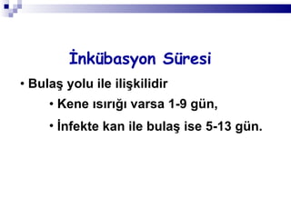 İnkübasyon Süresi   Bulaş yolu ile ilişkilidir  Kene ısırığı varsa 1-9 gün, İnfekte kan ile bulaş ise 5-13 gün.   