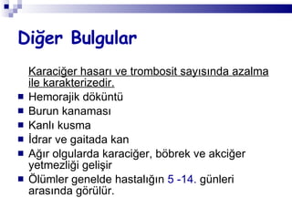 Diğer Bulgular Karaciğer hasarı ve trombosit sayısında azalma ile karakterizedir. Hemorajik döküntü Burun kanaması Kanlı kusma İdrar ve gaitada kan Ağır olgularda karaciğer, böbrek ve akciğer yetmezliği gelişir Ölümler genelde hastalığın  5 -14.  günleri arasında görülür. 