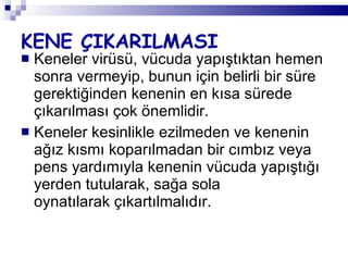 KENE ÇIKARILMASI Keneler virüsü, vücuda yapıştıktan hemen sonra vermeyip, bunun için belirli bir süre gerektiğinden kenenin en kısa sürede çıkarılması çok önemlidir. Keneler kesinlikle ezilmeden ve kenenin ağız kısmı koparılmadan bir cımbız veya pens yardımıyla kenenin vücuda yapıştığı yerden tutularak, sağa sola oynatılarak çıkartılmalıdır.  