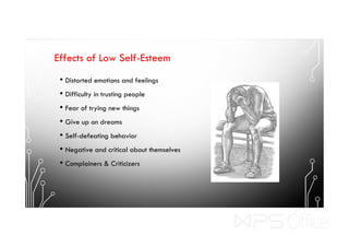 Effects of Low Self-Esteem
• Distorted emotions and feelings
• Difficulty in trusting people
• Fear of trying new things
• Give up on dreams
• Self-defeating behavior
• Negative and critical about themselves
• Complainers & Criticizers
 