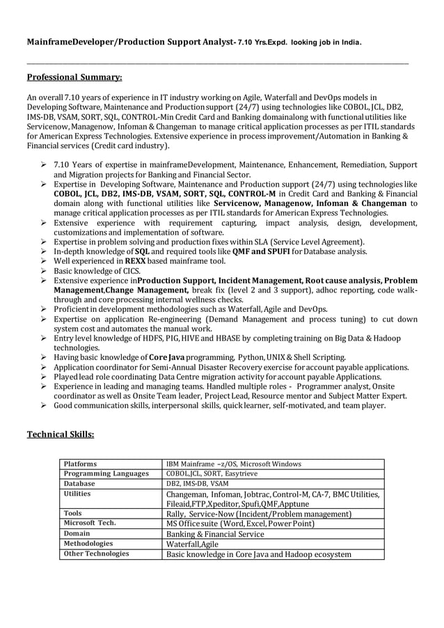 Mainframe Developer/Production Support Analyst looking job in India ...