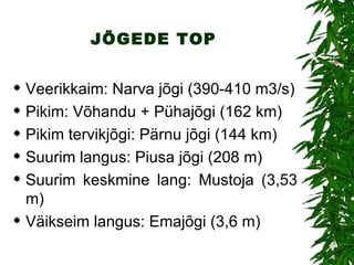 JÕGEDE TOP Veerikkaim :  Narva  jõgi (390-410 m3/s) Pik im:  Võhand u   +  Pühajõg i  (162 km) P ikim tervikjõgi :  Pärnu jõgi (144 km)   Suurim langus: Piusa jõgi (208 m) Suurim keskmine lang: Mustoja (3,53 m) Väikseim langus: Emajõgi (3,6 m) 
