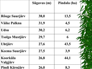 8,3 26,0 Pindi Kärnjärv 44,1 26,8 Koorküla Valgjärv 3,9 27,5 Keema Suurjärv 43,5 27,6 Uhtjärv 6 29,7 Tsolgo Mustjärv 6,2 30,2 Udsu 4,5 31,9 Väike Palkna 13,5 38,0 Rõuge Suurjärv Pindala (ha) Sügavus (m) 