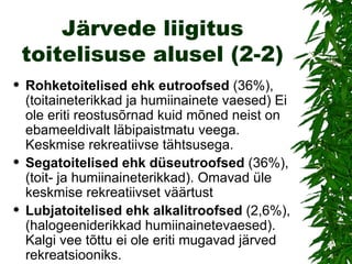 Järvede liigitus toitelisuse alusel (2-2) Rohketoitelised ehk eutroofsed  (36%), (toitaineterikkad ja humiinainete vaesed) Ei ole eriti reostusõrnad kuid mõned neist on ebameeldivalt läbipaistmatu veega. Keskmise rekreatiivse tähtsusega. Segatoitelised ehk düseutroofsed  (36%), (toit- ja humiinaineterikkad). Omavad üle keskmise rekreatiivset väärtust Lubjatoitelised ehk alkalitroofsed  (2,6%), (halogeeniderikkad humiinainetevaesed). Kalgi vee tõttu ei ole eriti mugavad järved rekreatsiooniks. 