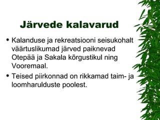 Järvede kalavarud Kalanduse ja rekreatsiooni seisukohalt väärtuslikumad järved paiknevad Otepää ja Sakala kõrgustikul ning Vooremaal.  Teised piirkonnad on rikkamad taim- ja loomharulduste poolest. 