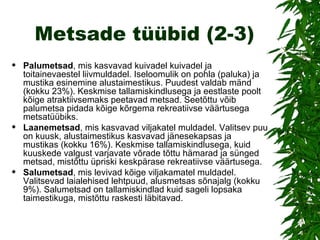 Metsade tüübid (2-3) Palumetsad , mis kasvavad kuivadel kuivadel ja toitainevaestel liivmuldadel. Iseloomulik on pohla (paluka) ja mustika esinemine alustaimestikus. Puudest valdab mänd (kokku 23%). Keskmise tallamiskindlusega ja eestlaste poolt kõige atraktiivsemaks peetavad metsad. Seetõttu võib palumetsa pidada kõige kõrgema rekreatiivse väärtusega metsatüübiks. Laanemetsad , mis kasvavad viljakatel muldadel. Valitsev puu on kuusk, alustaimestikus kasvavad jänesekapsas ja mustikas (kokku 16%). Keskmise tallamiskindlusega, kuid kuuskede valgust varjavate võrade tõttu hämarad ja sünged metsad, mistõttu üpriski keskpärase rekreatiivse väärtusega. Salumetsad , mis levivad kõige viljakamatel muldadel. Valitsevad laialehised lehtpuud, alusmetsas sõnajalg (kokku 9%). Salumetsad on tallamiskindlad kuid sageli lopsaka taimestikuga, mistõttu raskesti läbitavad. 