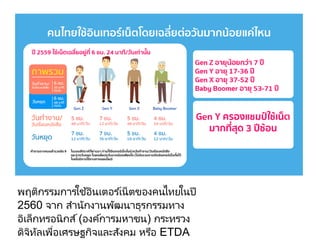 พฤติกรรมการใช้อินเตอร ์เน็ตของคนไทยในปี
2560 จาก สานักงานพัฒนาธุรกรรมทาง
อิเล็กทรอนิกส์(องค์การมหาชน) กระทรวง
ดิจิทัลเพื่อเศรษฐกิจและสังคม หรือ ETDA
 