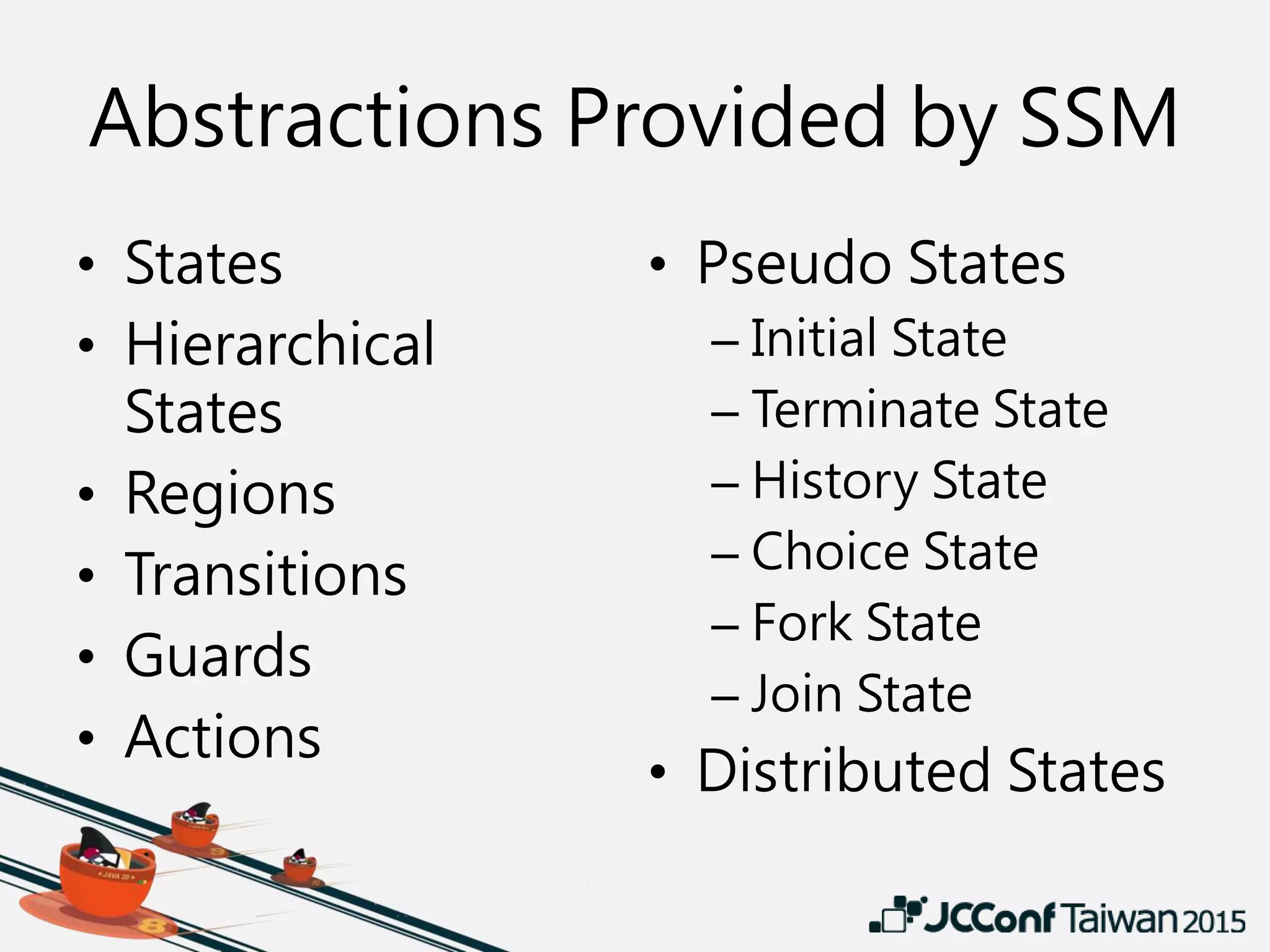 Abstractions Provided by SSM
• States
• Hierarchical
States
• Regions
• Transitions
• Guards
• Actions
• Pseudo States
– Initial State
– Terminate State
– History State
– Choice State
– Fork State
– Join State
• Distributed States
 