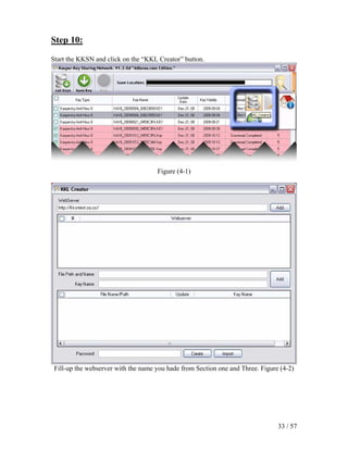 Step 10:

Start the KKSN and click on the “KKL Creator” button.




                                     Figure (4-1)




 Fill-up the webserver with the name you hade from Section one and Three. Figure (4-2)




                                                                                33 / 57
 