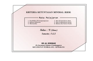 KRITERIA KETUNTASAN MINIMAL (KKM)
Mata Pelajaran
1. Pendidikan Kewarganegaraan 4. Ilmu Pengetahuan Alam
2. Bahasa Indonesia 5. Ilmu Pengetahuan Sosial
3. Matematika 6. Bahasa dan Sastra Sunda
Kelas : V (Lima)
Semester : 1 & 2
SD AL HIKMAH
JL.Gayamsari Selatan 4 Sendangguwo
KECAMATAN TEMBALANG - SEMARANG
SD Al Hikmah
 