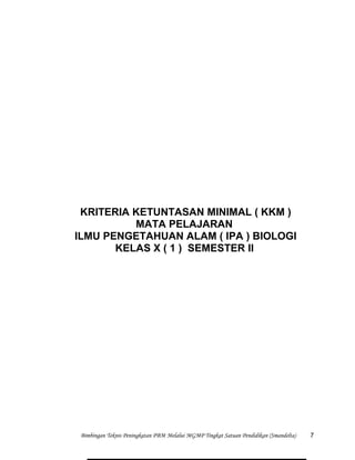 KRITERIA KETUNTASAN MINIMAL ( KKM )
MATA PELAJARAN
ILMU PENGETAHUAN ALAM ( IPA ) BIOLOGI
KELAS X ( 1 ) SEMESTER II
Bimbingan Teknis Peningkatan PBM Melalui MGMP Tingkat Satuan Pendidikan (Smandelta) 7
 