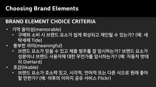 Choosing Brand Elements
• 기억 용이성(memorable)
• 구매와 소비 시 브랜드 요소가 쉽게 회상되고 재인될 수 있는가? (예: 세
탁세제 Tide)
• 풍부한 의미(meaningful)
• 브랜드 요소가 믿을 수 있고 제품 범주를 잘 암시하는가? 브랜드 요소가
성분이나 브랜드 사용자에 대한 무언가를 암시하는가? (예: 자동차 밧데
리 DieHard)
• 호감(likable)
• 브랜드 요소가 호소력 있고, 시각적, 언어적 또는 다른 식으로 원래 좋아
할 만한가? (예: 야후의 이미지 공유 서비스 Flickr)
BRAND ELEMENT CHOICE CRITERIA
 