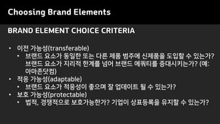 Choosing Brand Elements
• 이전 가능성(transferable)
• 브랜드 요소가 동일한 또는 다른 제품 범주에 신제품을 도입할 수 있는가?
브랜드 요소가 지리적 한계를 넘어 브랜드 에쿼티를 증대시키는가? (예:
아마존닷컴)
• 적응 가능성(adaptable)
• 브랜드 요소가 적응성이 좋으며 잘 업데이트 될 수 있는가?
• 보호 가능성(protectable)
• 법적, 경쟁적으로 보호가능한가? 기업이 상표등록을 유지할 수 있는가?
BRAND ELEMENT CHOICE CRITERIA
 
